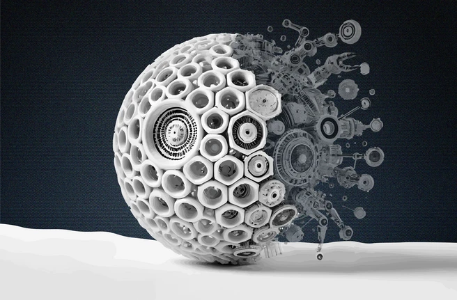 Illustration of a white round object with multiple parts, including those that look like tools, on a black background