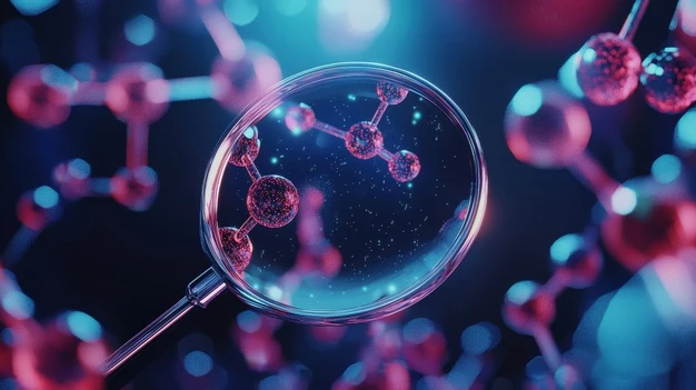 Color illustration of a magnifying glass and molecular models